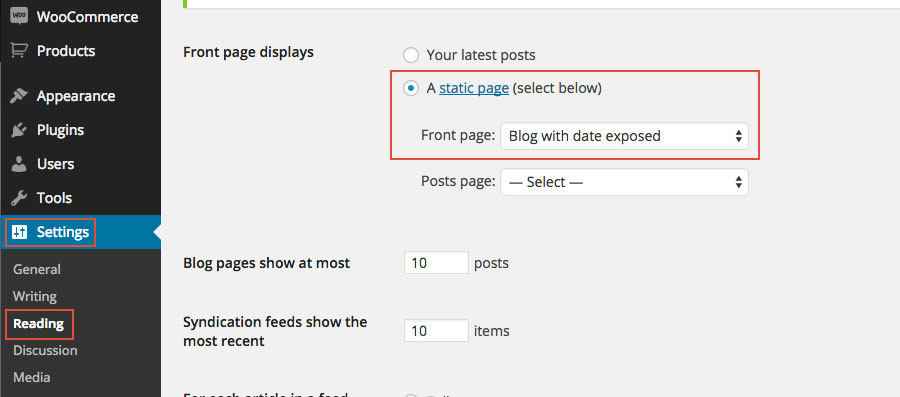 Screenshot from WordPress - Settings -> Reading -> Front page settings